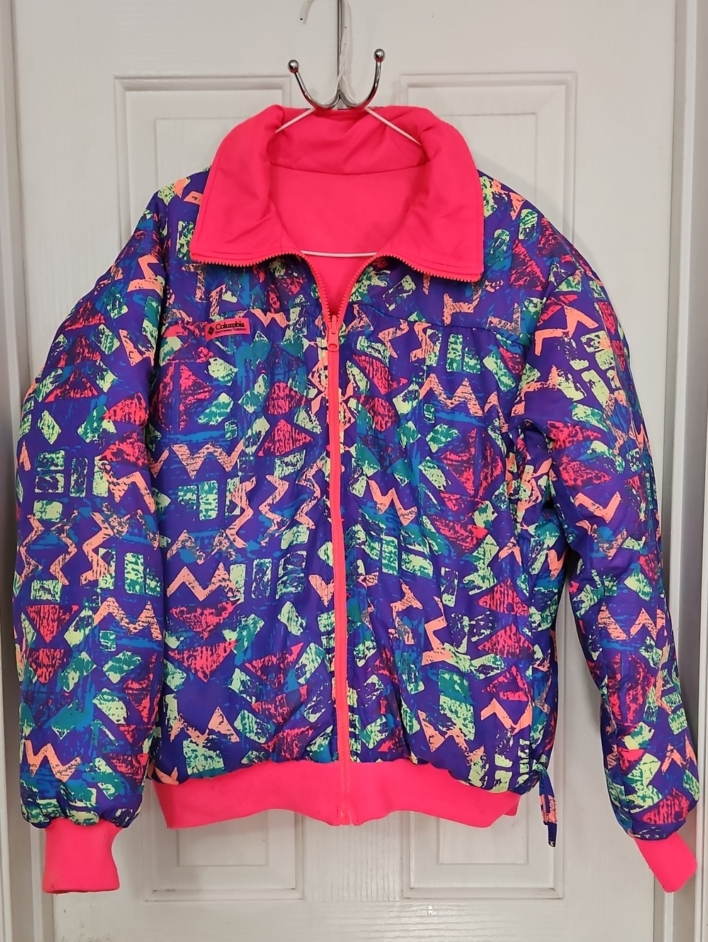 Vintage Columbia Neon Pink Abstract Colorful Retro Reversible Down Puffer Jacket